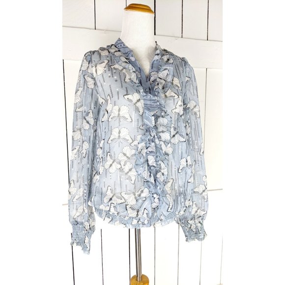 Blue white butterfly sheer billowy ruffle long sleeve blouse - Picture 3 of 5